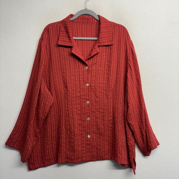 Fridaze Red Orange Button Down 100% Linen Blouse 2x Stripe - Picture 1 of 6